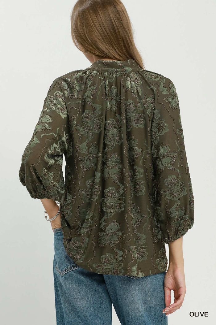 Olive Shimmer Velvet Floral Blouse