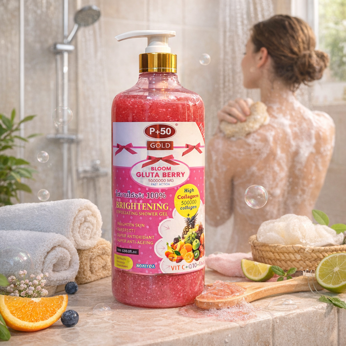 P+50 Bloom Gluta Berry Brightening Exfoliating Shower Gel Scrub (1000ml)