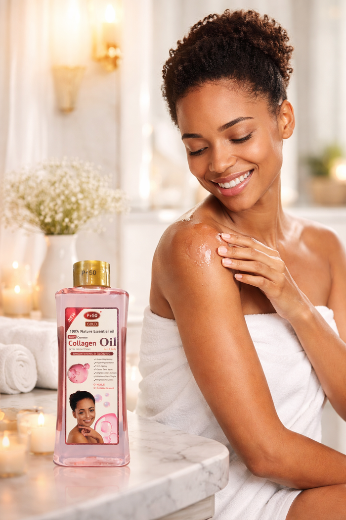 P+50 GOLD Collagen Glow Oil 200ml – Brightening Face & Body Moisturising Oil for Radiant, Even-Looking Skin