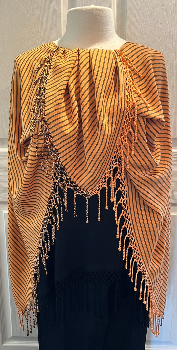 Peach Striped Fringed Poncho