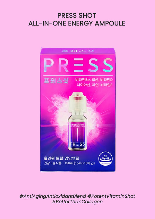 Packaging of Press Shot All-In-One Energy Ampoule with product information and branding visible.
