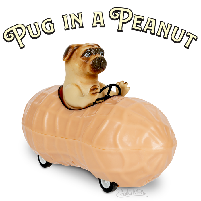 A pull-back peanut-shaped car featuring a toy pug is adorned with the text "Pug in a Peanut" above.