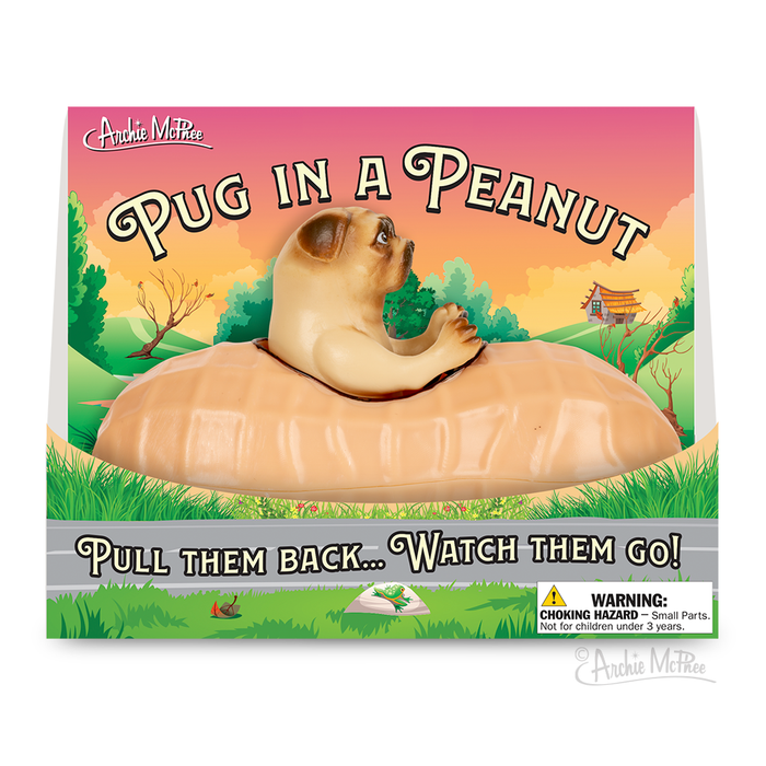 Introducing the delightful Pug in a Peanut, a charming toy where a cute pug is nestled inside a pull-back peanut shell, offering endless entertainment.