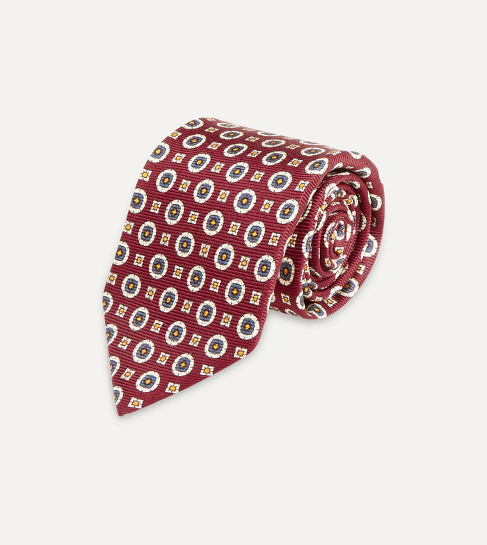 Red and Blue Geometric Medallion Print Silk Foulard Tie