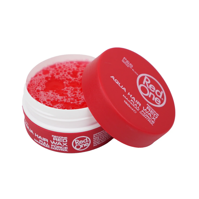 RedOne Aqua Hair Wax in a red round jar with open lid showing textured water based wax for strong hold and shine