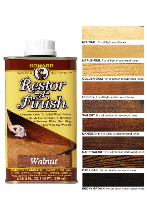 Howard Restor-A-Finish color selection chart showing available wood tones from Neutral to Dark Oak.