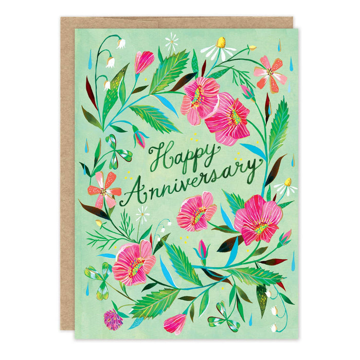 Greeting card with floral design and 'Happy Anniversary' text on a light green background