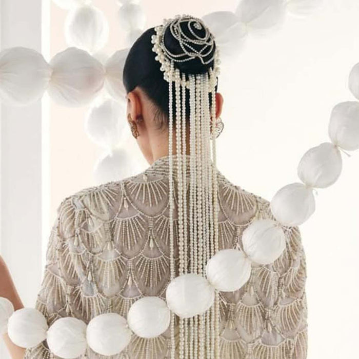 Rose Crystal & Pearl Hair Bun Accessory with Pearl Hangings
