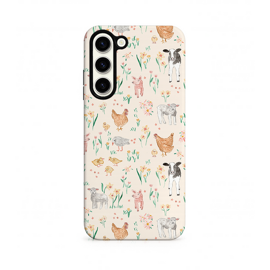 Phone case with farm animal and floral pattern on a white background