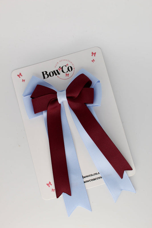 School Bow Burgundy and Bluebell - Double Bow Tail