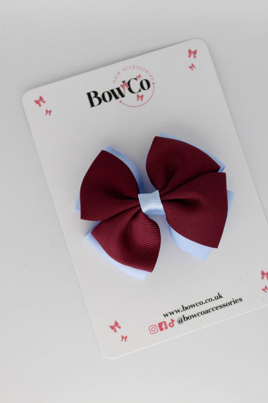 School Bow Burgundy and Bluebell - Double Layer Bow - Clip