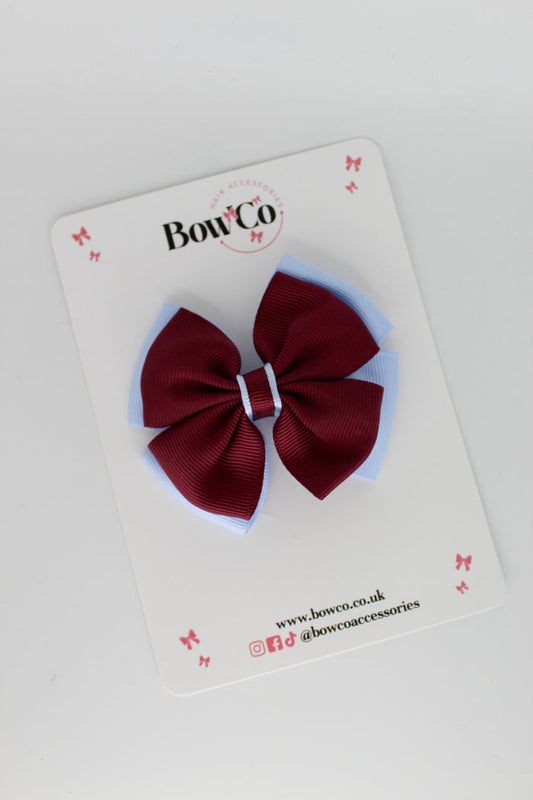 School Bow Burgundy and Bluebell - Layer Edge Bow - Clip