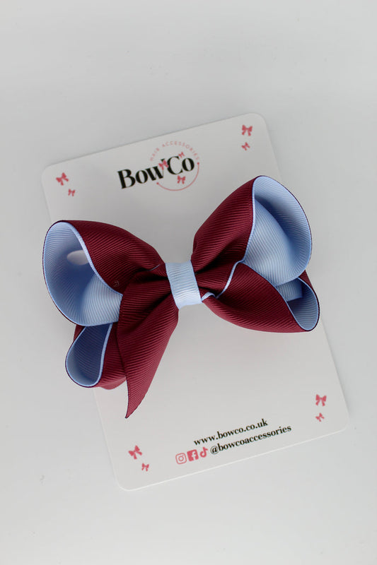 School Bow Burgundy and Bluebell - Loop Bow - Clip
