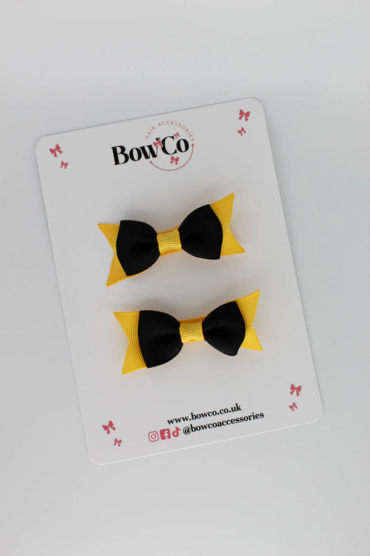 School Bows Black and Yellow Gold - Layer Tail Bow Set - Clip