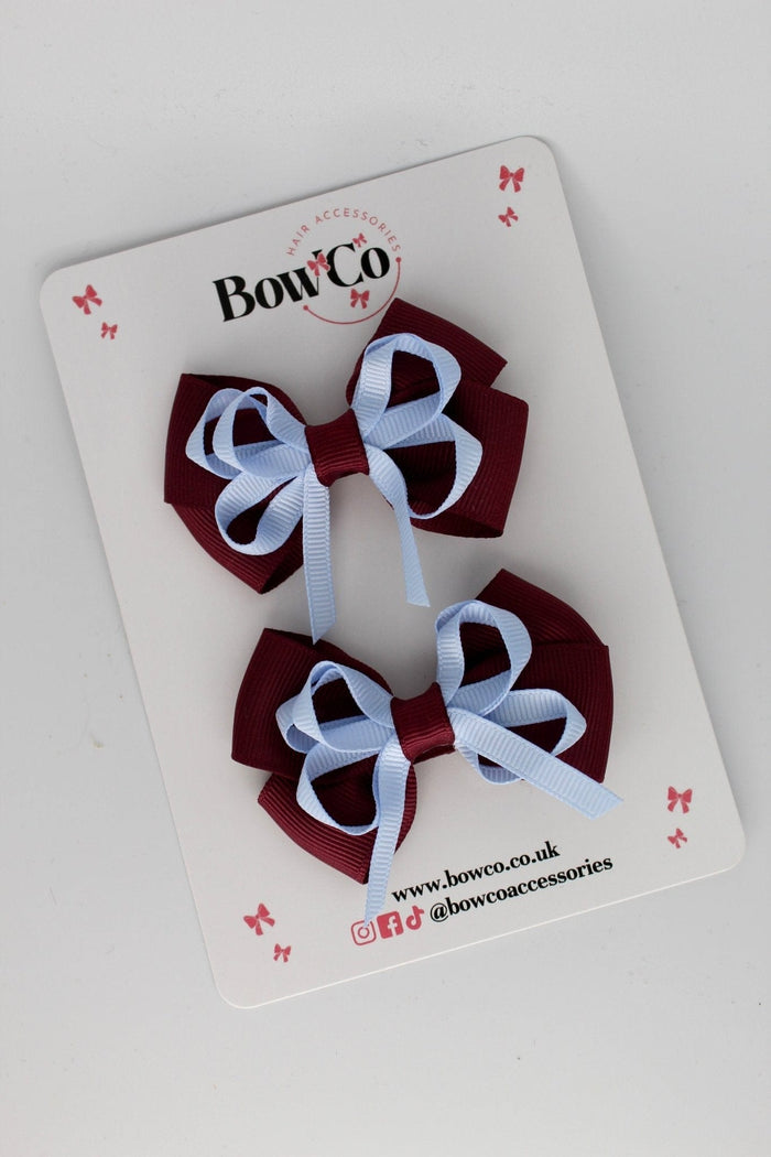 School Bows Burgundy and Bluebell - Double Bow Set - Clip