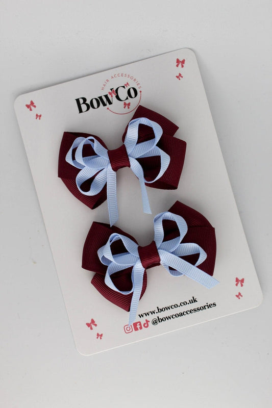 School Bows Burgundy and Bluebell - Double Bow Set - Clip