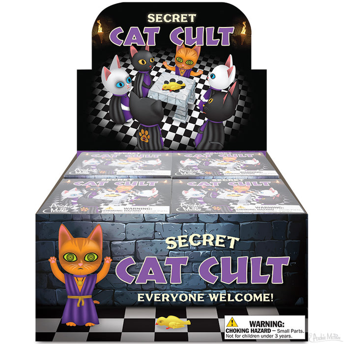 Cats in robes gather around a pizza on a checkerboard floor, revealing the hidden feline realm. Text: Secret Cat Cult: Everyone Welcome!