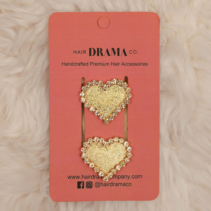 Set of 2 Heart Crystal Hair Pins - Gold