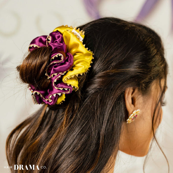 Set of 2 Silk Satin Scrunchies with Gota Patti - Purple & Mustard