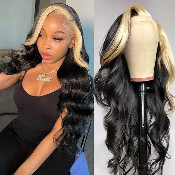 qvr wigs skunk stripe natural black with 613 blonde body wave lace front