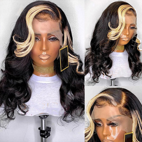 qvr wigs body wave human hair wig with 613 blonde highlights