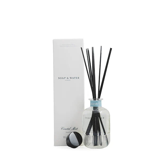 Diffuser bottle with black sticks and packaging labeled 'Soap & Water' on a white background