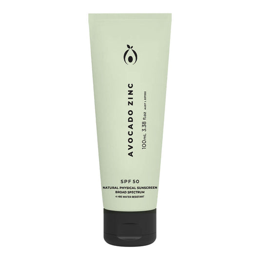 A tube of Avocado Zinc SPF50 Natural Physical Sunscreen with a green label and black cap.