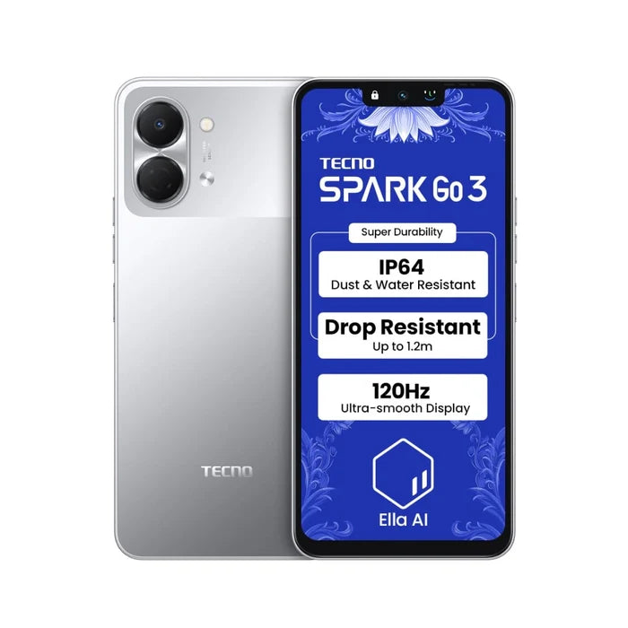 Tecno Spark GO 3 | Super Durability Drop Resistant & IP64 Rated | Make Calls Without Network | Ella Al in Your Own Language | Super Smooth 120Hz 6.74" Display |5000mAh Battery