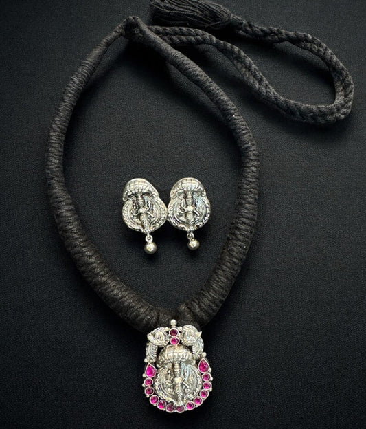 The Adishesha Lakshmi Silver Thread Necklace & Plain Earrings