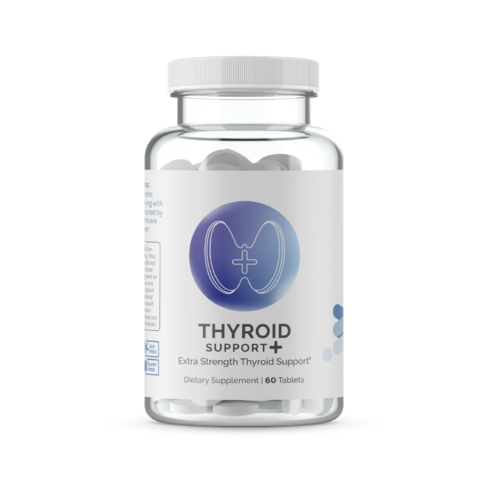 InfiniWell Thyroid Support+ Extra Strength dietary supplement bottle with white tablets visible, front label, 60 tablets.