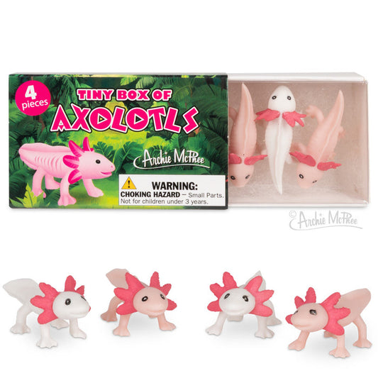 Tiny Box of Axolotls includes a set of four pink figurines featuring wide smiles and playful poses.