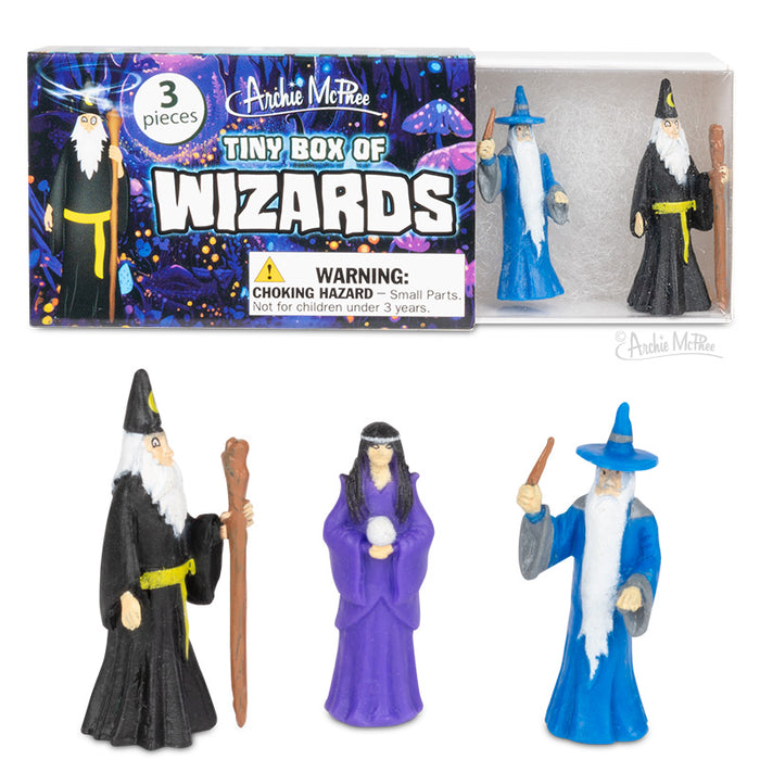 Packaging labeled Tiny Box of Wizards contains three miniature wizard figurines dressed in black, purple, and blue robes.