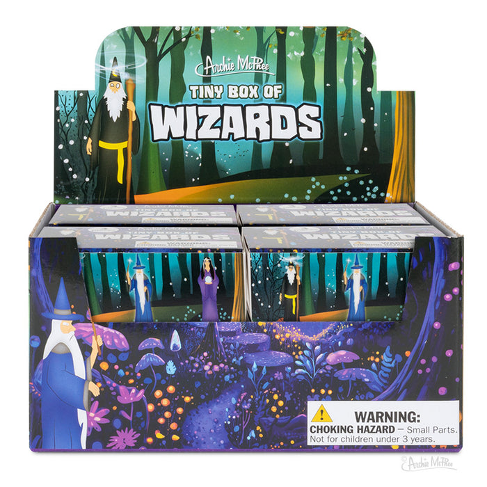 Display box for Tiny Box of Wizards, featuring colorful wizard illustrations and a warning about small parts.
