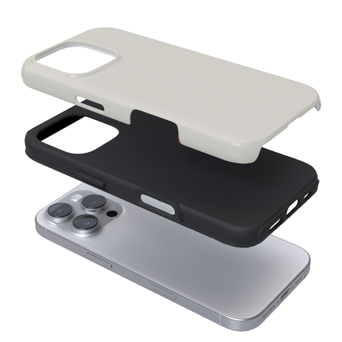 Black and white shock-absorbent phone case in an exploded view, showing layers and Cloud Dancer design.