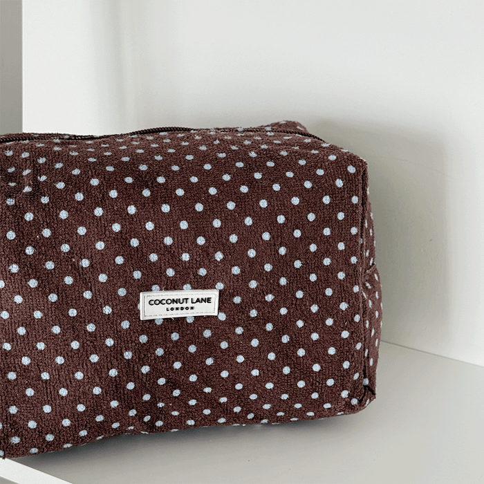 Brown towel texture Makeup Bag with blue polka dot design.