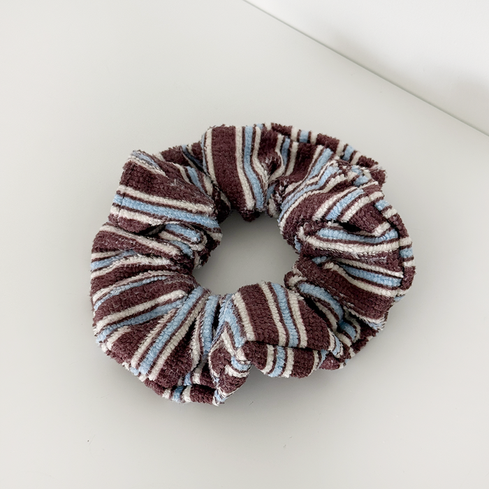 Brown, Blue & White stripe design Scrunchie in towel material.