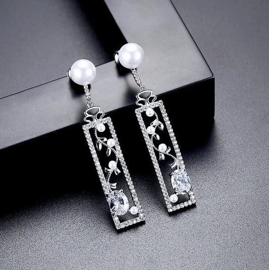 Pearl Wedding Jewelry - Pearl and Cubic Zirconia Bridal Earrings
