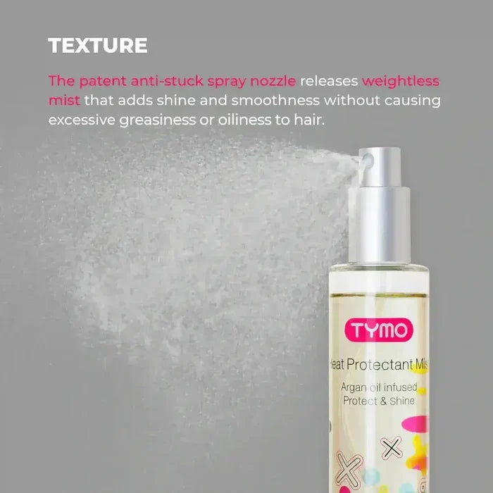 The texture of TYMO Heat Protectant Mist shows the anti-stuck spray nozzle that provides a weightless, smooth shine without greasy residue.