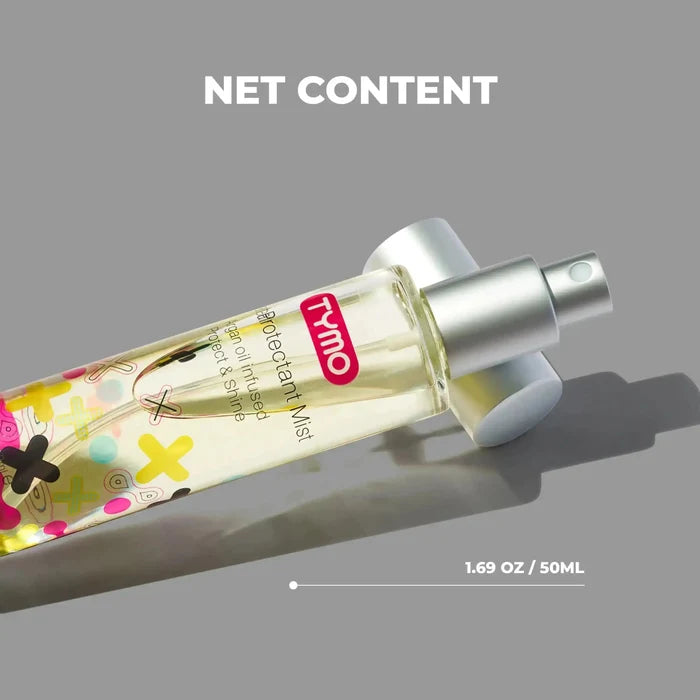 TYMO Heat Protectant Mist, 1.69 oz / 50ml, featuring colorful designs on the bottle, displayed with a focus on net content.