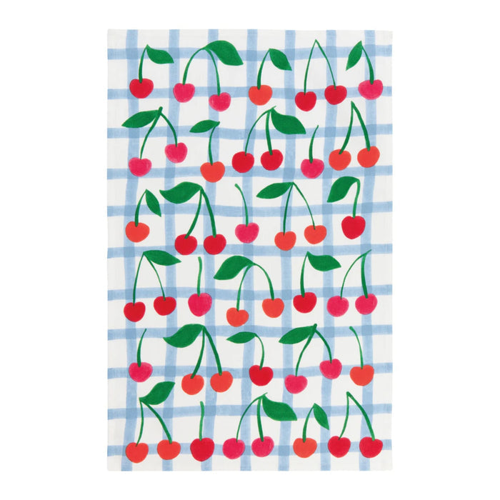 Tea towel with cherry pattern on a blue and white checkered background