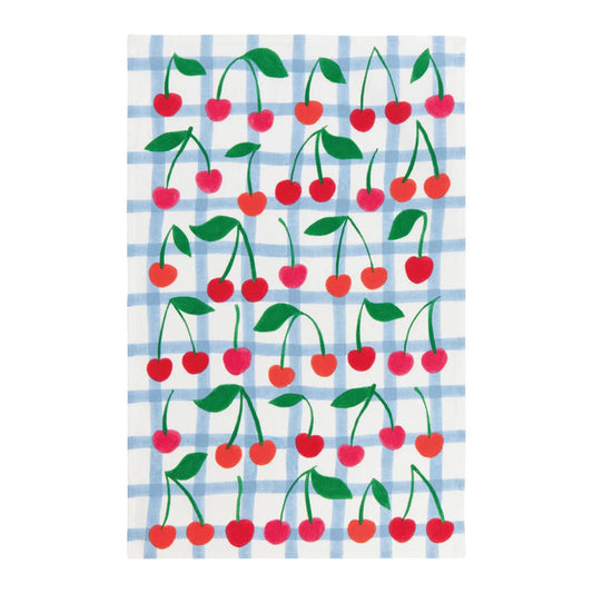 Tea towel with cherry pattern on a blue and white checkered background