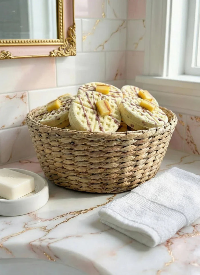 Basket of dessert-inspired soap bars with fruit designs on marble bathroom counter
