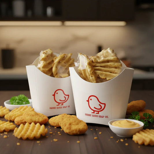 Realistic dessert-inspired soaps shaped like waffle fries and nuggets in takeout boxes