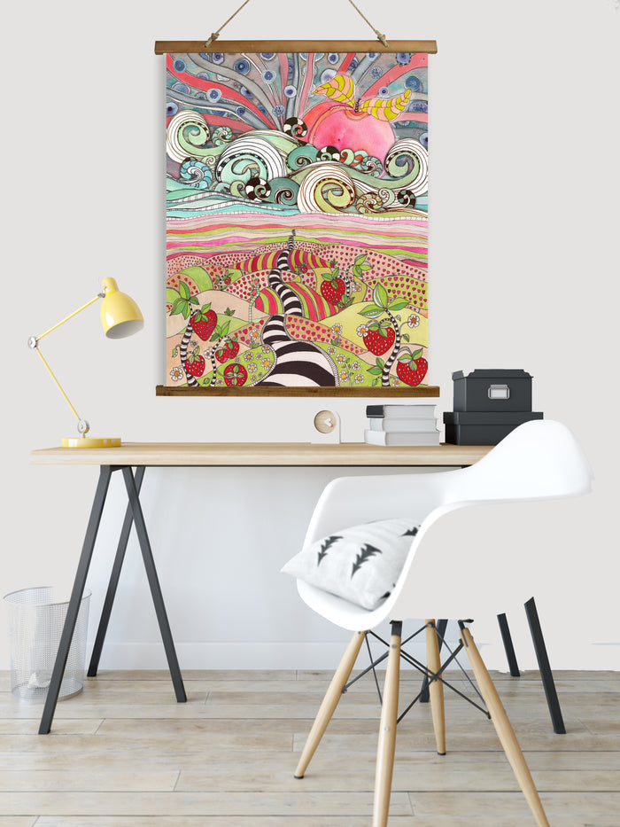 Whimsical Wood Slat Tapestry 'Pink Sun Rising' — alternate angle