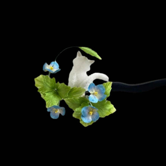 White Cat Bespoke Hairpin - Silk Hairpin(Ronghua)