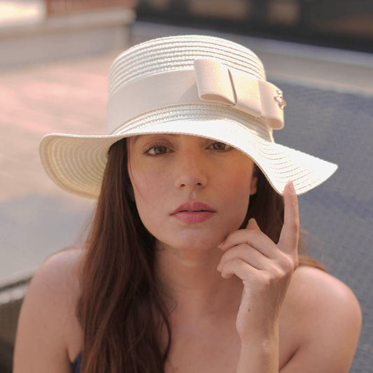 White Straw Flat Top Fedora Hat with Removable Bow Belt