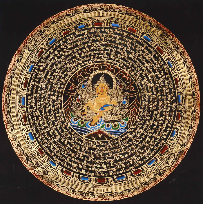 Zambala Mandala Thangka painting with central prosperity deity, sacred Tibetan script, and traditional Himalayan Buddhist symbolism.