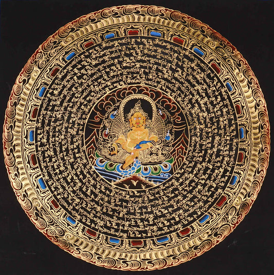 Zambala Mandala Thangka painting with central prosperity deity, sacred Tibetan script, and traditional Himalayan Buddhist symbolism.