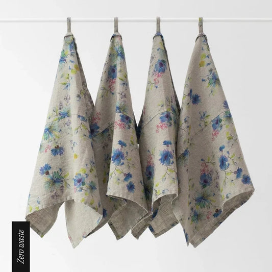 Zero Waste Flowers on Natural Linen Kitchen Towels Set of 4 - Linen Tales